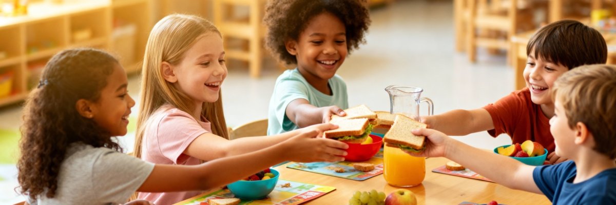 The photo shows a group of daycare children having breakfast together.