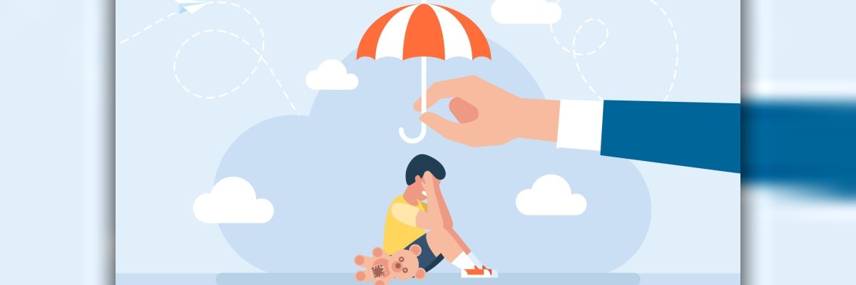 In the illustration, a hand holds an umbrella over a child sitting on the ground crying.