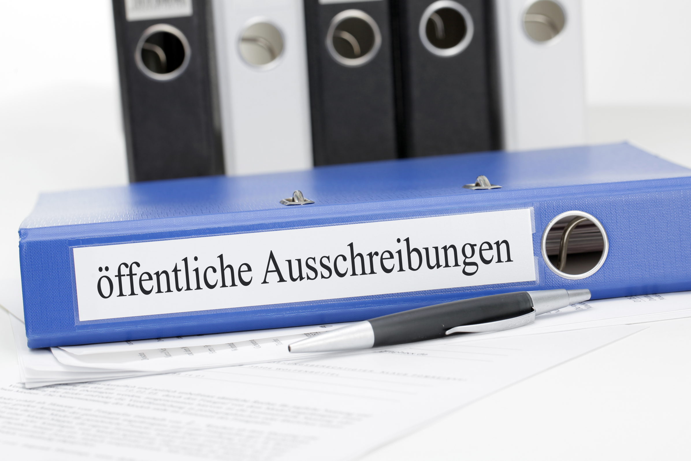 The photo shows a lying blue file folder. The spine of the file reads "public tender".