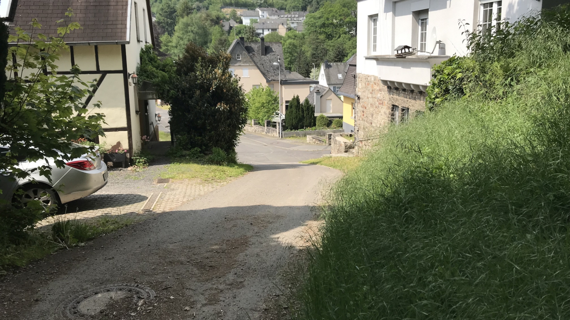 The photo shows the view from the hillside down into the Wölfenbach street in the Tiefenstein district. The actual stream cannot be seen due to the piping.