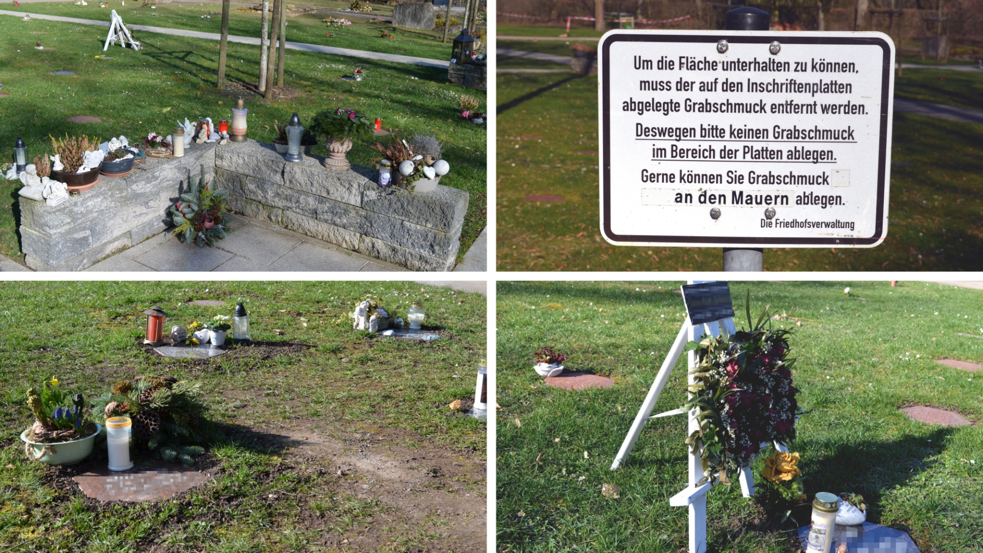 The four-part picture shows a designated deposit area at the top left, a corresponding sign at the top right and two photos of grave decorations deposited in the resting areas at the bottom.