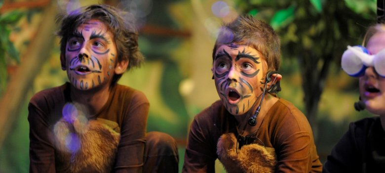 The photo shows two boys dressed and made up as monkeys.