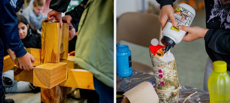 The photo shows two pictures. In one, pupils are putting wooden parts together. In the other, a pupil is making a Santa Claus out of a branch.