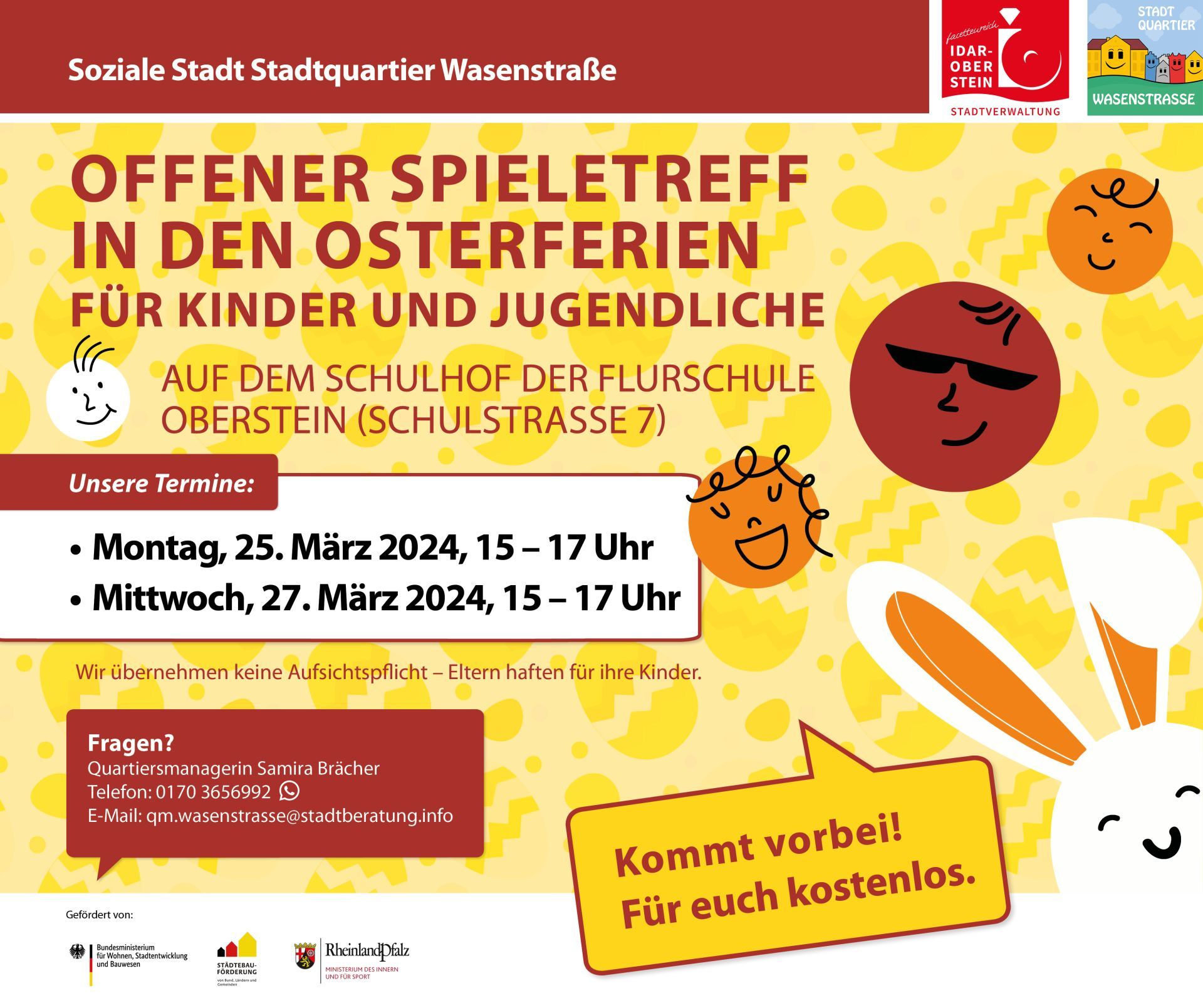 The picture shows the flyer for the Offener Spieletreff, on which the dates when and where the event takes place can be read.