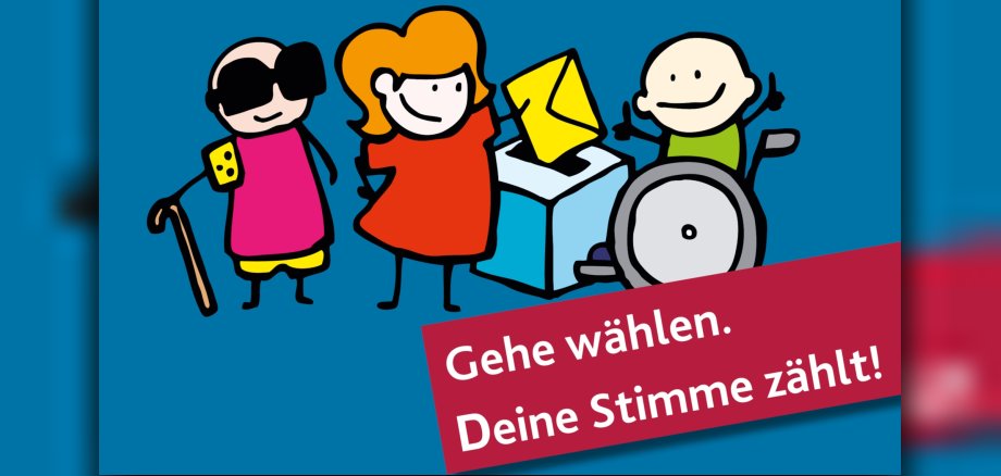 The graphic shows drawn figures of disabled people at a ballot box.
