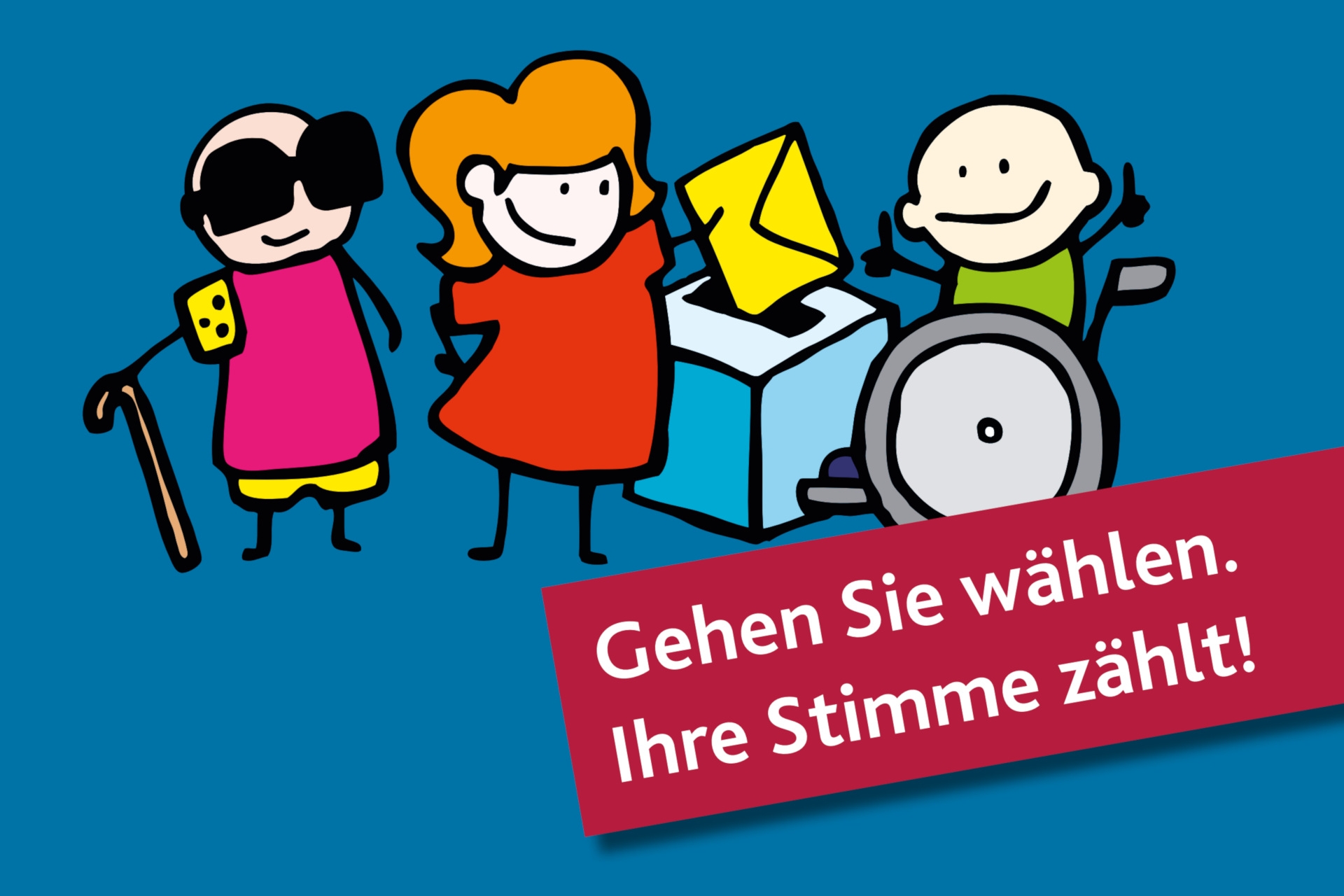 The graphic shows drawn figures of disabled people at a ballot box.