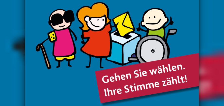The graphic shows drawn figures of disabled people at a ballot box.
