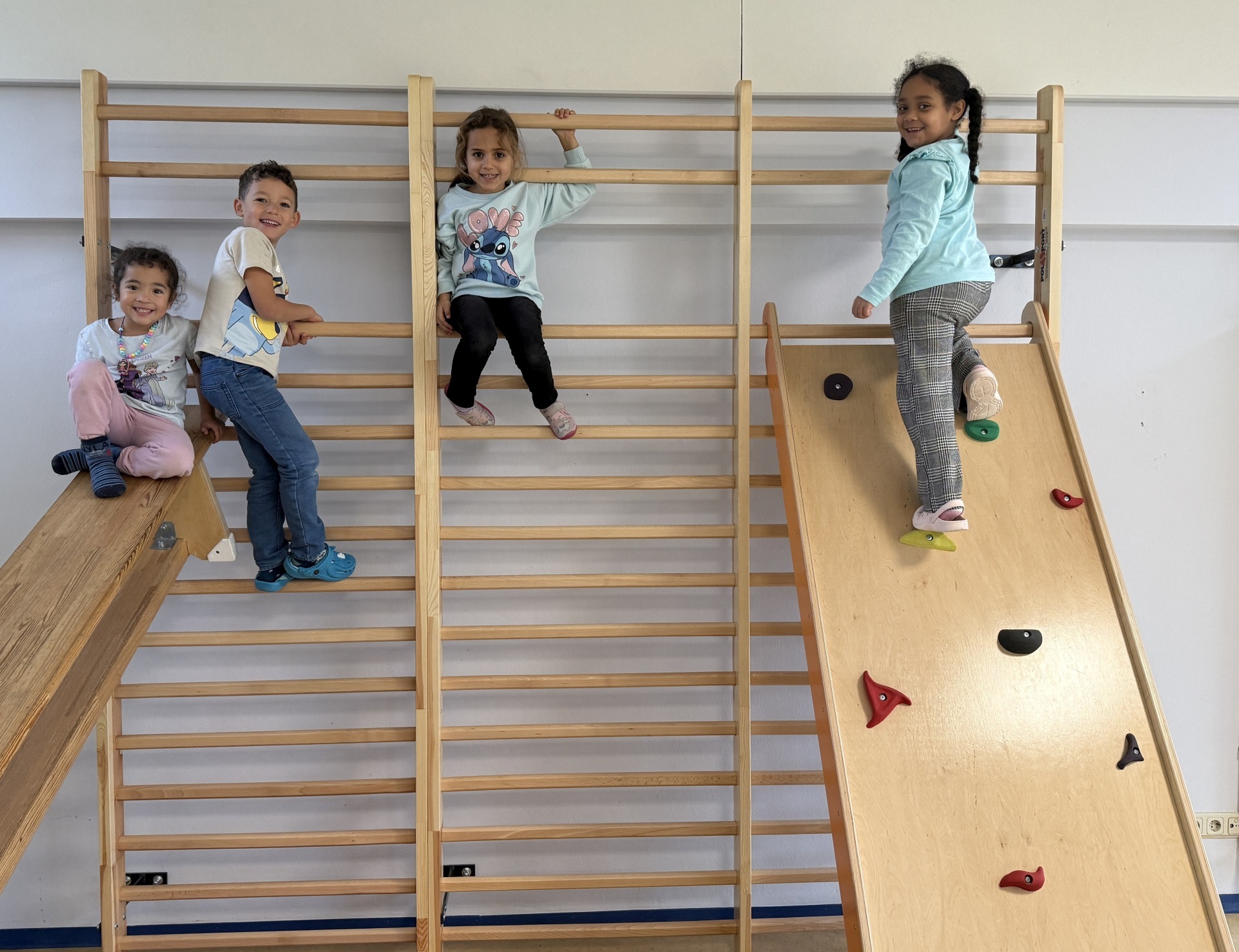 The photo shows some children climbing on the wall bars.