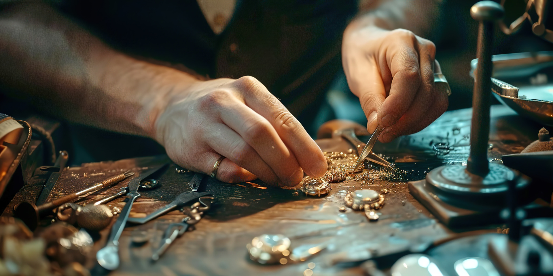 The photo shows two hands making or repairing jewelry.