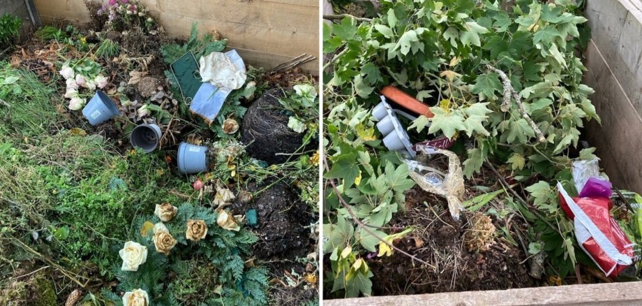 The photo shows the view into two waste boxes for green waste, in which numerous plastic objects are lying.