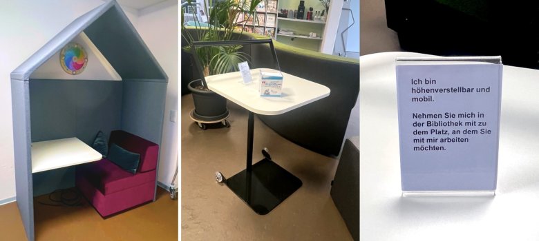 New furniture provides more flexibility in the use of the library. The photo collage shows the Places Lodge from the left, one of the work tables and a sign for the work table.