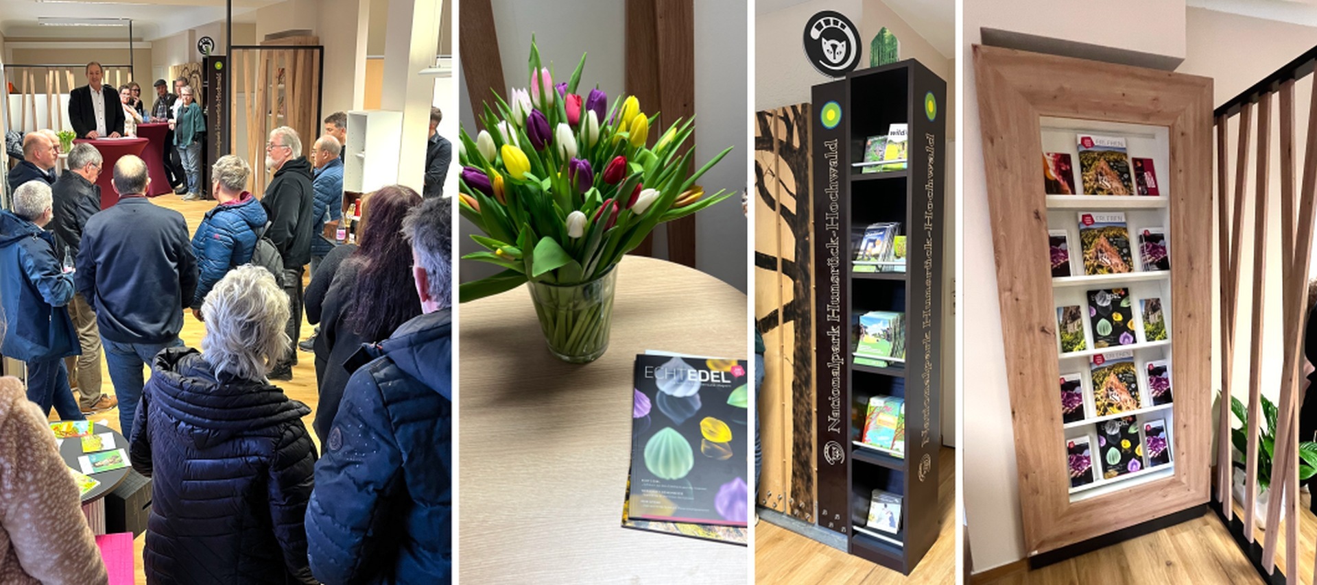 Mayor Frank Frühauf presented the new premises, the design of which picks up on the themes of gemstones and the national park. The photo is a collage of several pictures showing the various furnishings of the Tourist Information Office and the committee members visiting the premises.