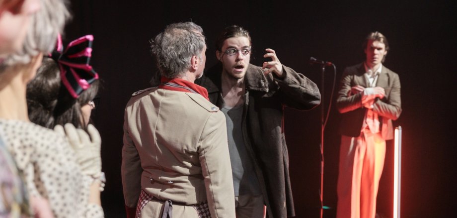 The New Globe Theater's production is a clever, thought-provoking work about the existential consequences of war. The photo shows a scene from the play.