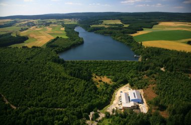 The picture shows an aerial view of the Steilbach dam, which secures the water supply.