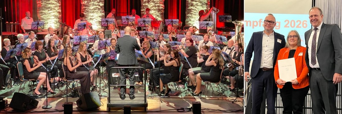 La photo de gauche montre l'association musicale Tiefenstein lors de son concert d'été 2025 au théâtre municipal, la photo de droite la remise du prix de la culture par le maire Frank Frühauf à la présidente de l'association Theresia Rommelfanger et au chef d'orchestre Martin Wendel.