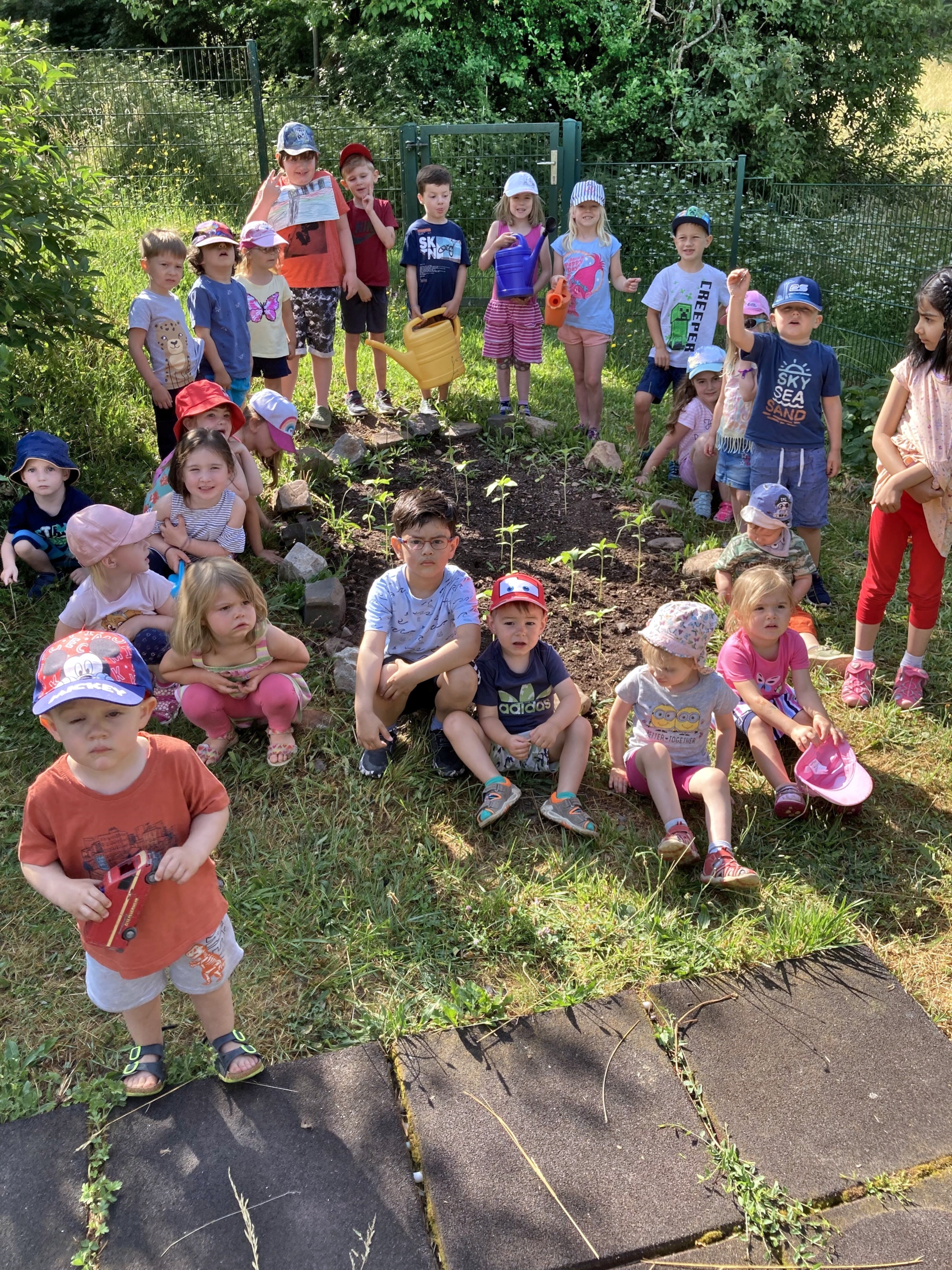 La photo montre de nombreux enfants de la crèche assis autour d'un parterre de tournesols plantés dans le jardin de la crèche.