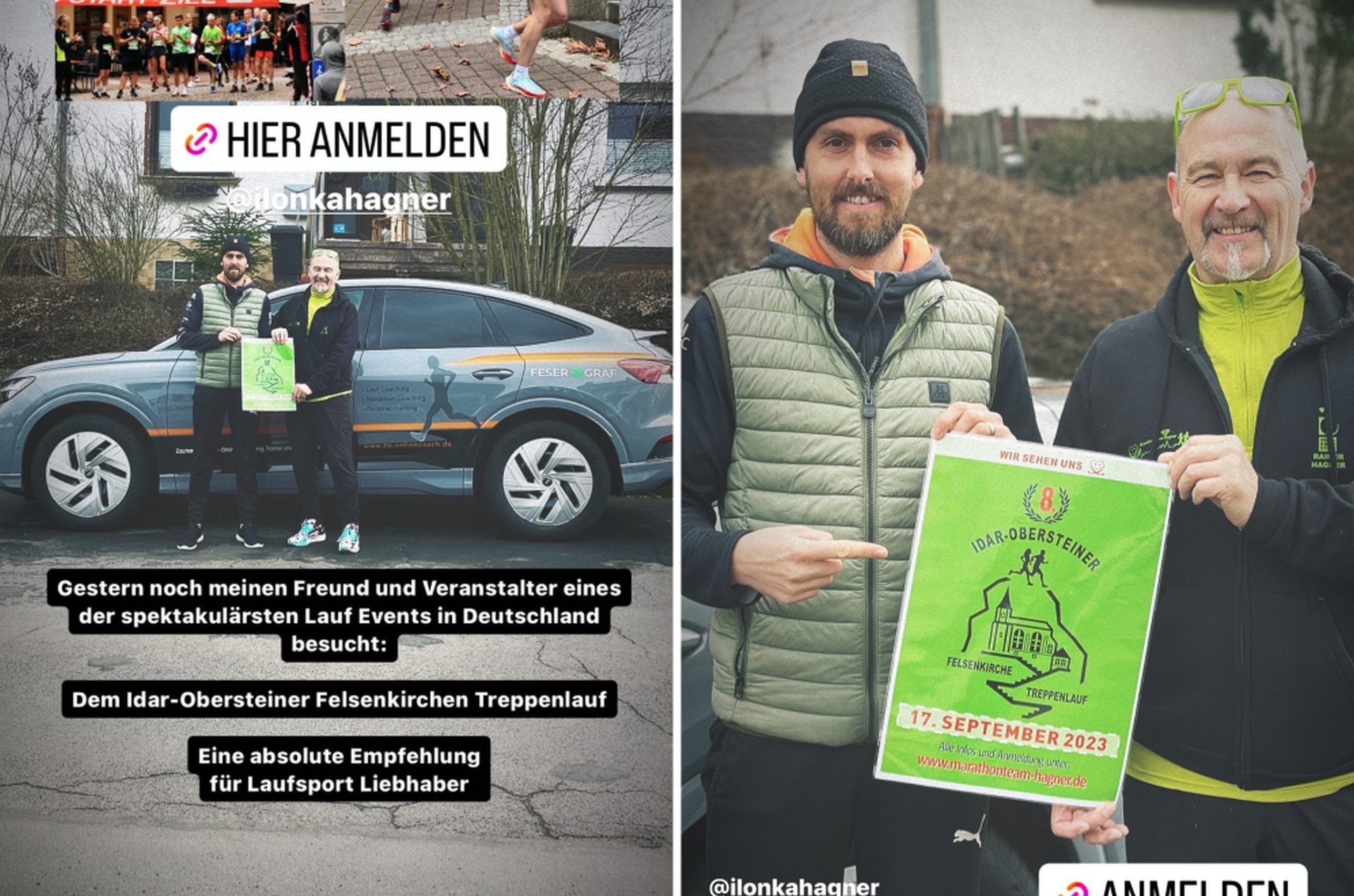 La photo montre deux captures d'écran de la chaîne Instagram de Zacharias Wedel avec lui et Rainer Hagner.