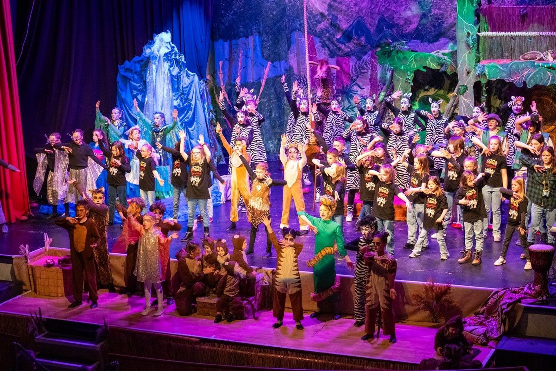 La photo montre tous les acteurs de la pièce Rummel im Jungel sur scène lors de la finale.