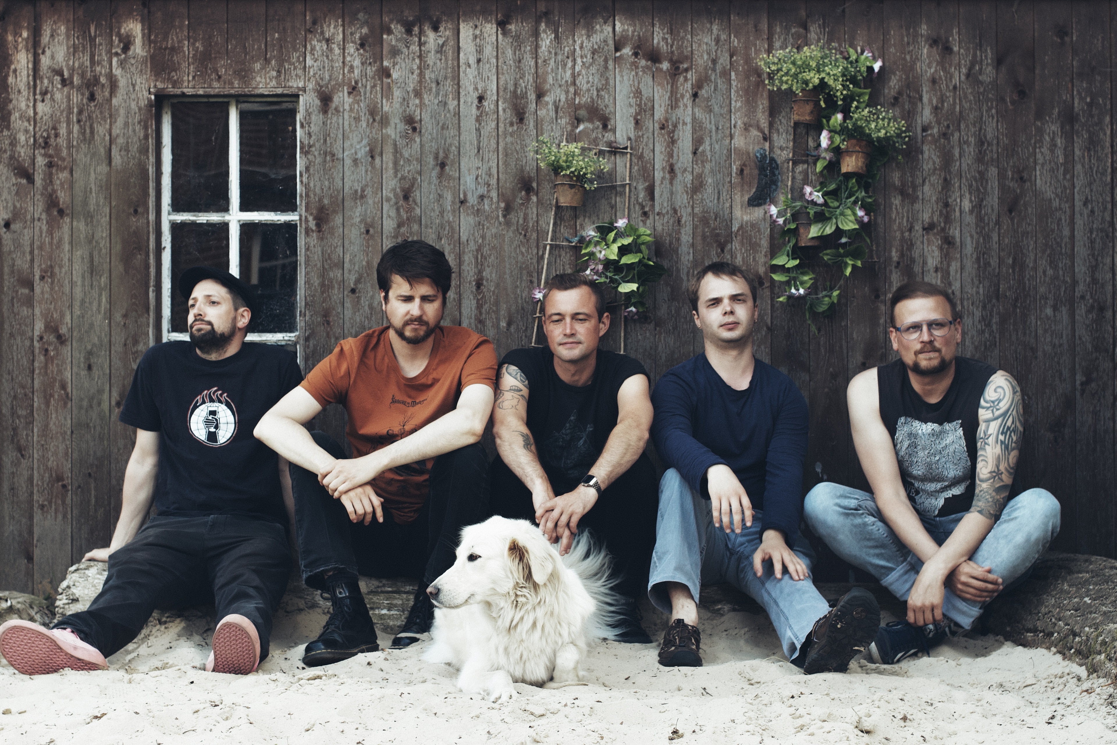 La photo montre les cinq membres du groupe. Ils sont assis côte à côte sur le sable blanc devant un hangar en bois. Un chien blanc est couché à leurs pieds.