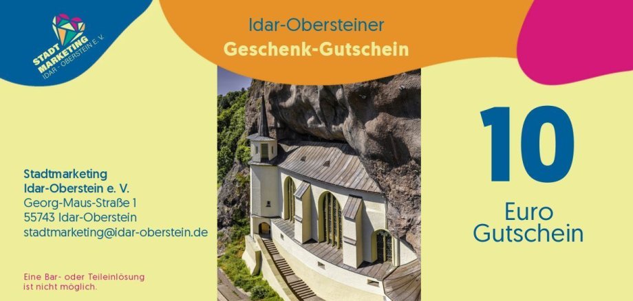 Le nouveau chèque-cadeau d'Idar-Oberstein. L'image montre la nouvelle version du chèque-cadeau, plus moderne et plus colorée.