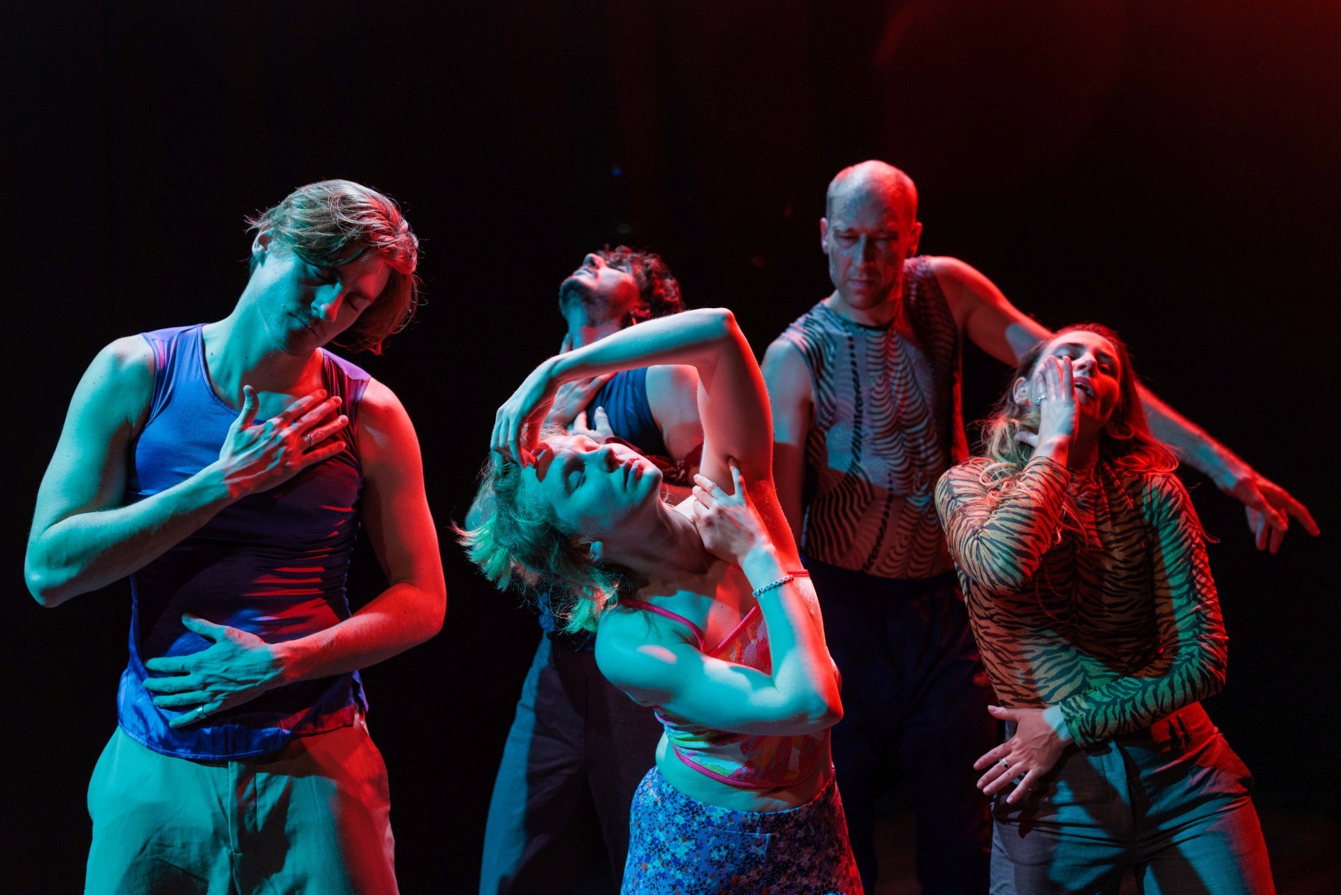 La photo montre cinq danseurs lors d'une performance.