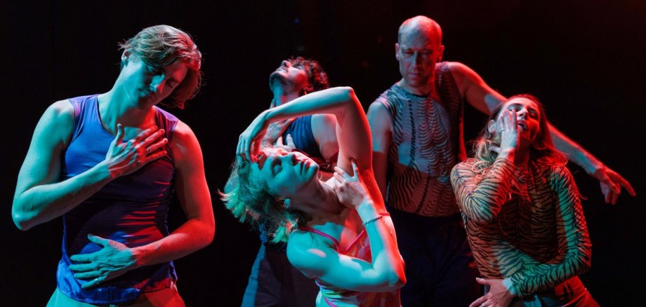 La photo montre cinq danseurs lors d'une performance.