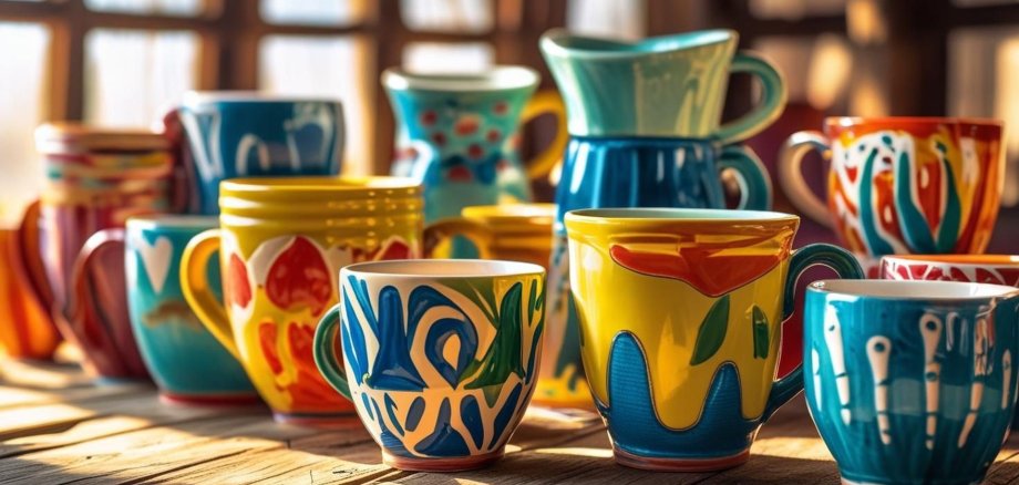 La photo montre de nombreuses tasses de différentes tailles, formes et couleurs.