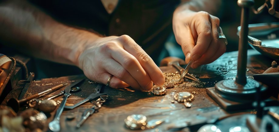 Jeweler repairs jewelry La photo montre deux mains qui fabriquent ou réparent des bijoux.