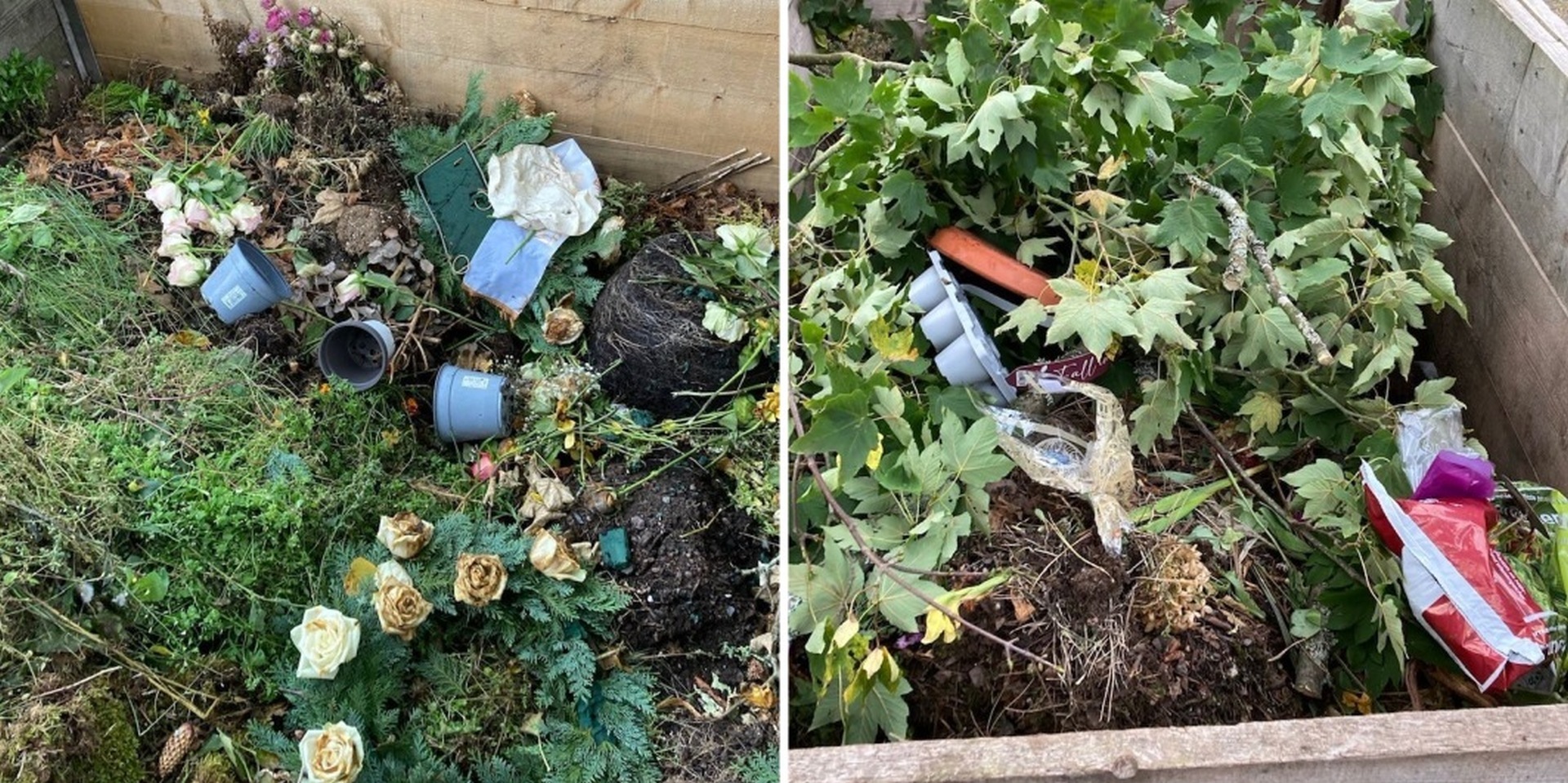 La photo montre une vue de deux poubelles pour déchets verts, dans lesquelles se trouvent de nombreux objets en plastique.
