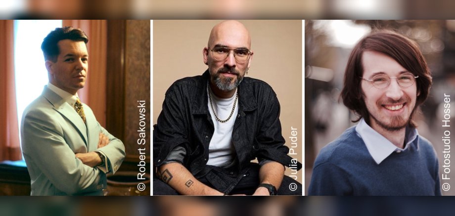 Wolfgang M. Schmitt, Konstantin Küspert et Lukas Herzog (de gauche à droite) discutent de la notion de "Heimat" dans la Göttenbach-Aula. Le collage présente des photos-portraits des trois personnes mentionnées.