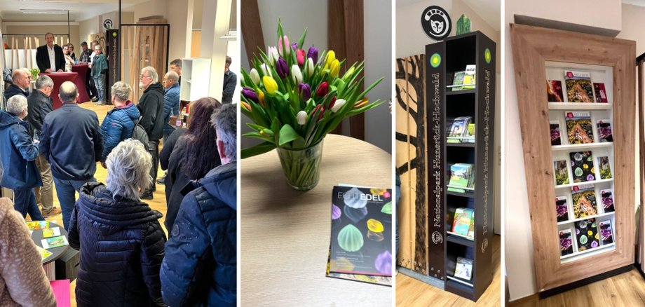 La photo est un collage de plusieurs images montrant différents éléments d'aménagement de l'office de tourisme ainsi que les membres du comité visitant les locaux.