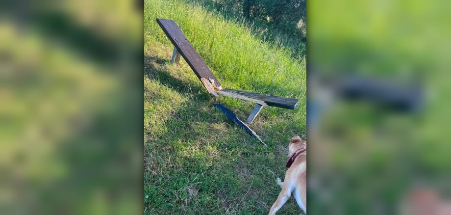 La photo montre un banc en bois dont le milieu est cassé. 