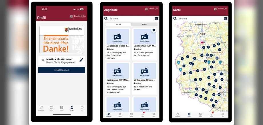 La nouvelle application permet de demander et de gérer la carte des bénévoles de manière entièrement numérique. La photo présente des captures d'écran de l'application « Ehrenamtskarten ».