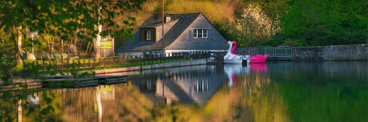 Die Weiherschleife mit dem Kallwiesweiher bieten viele Freizeitmöglichkeiten Das Bild zeigt den Kallwiesweiher an der Schleife im Hintergrund mit den Schwänen zum Tretboot fahren.