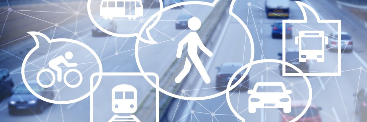 Die Illustration zeigt verschiedene Verkehrsmittel, die sich in Denkblasen um einen Mensch herum gruppieren.