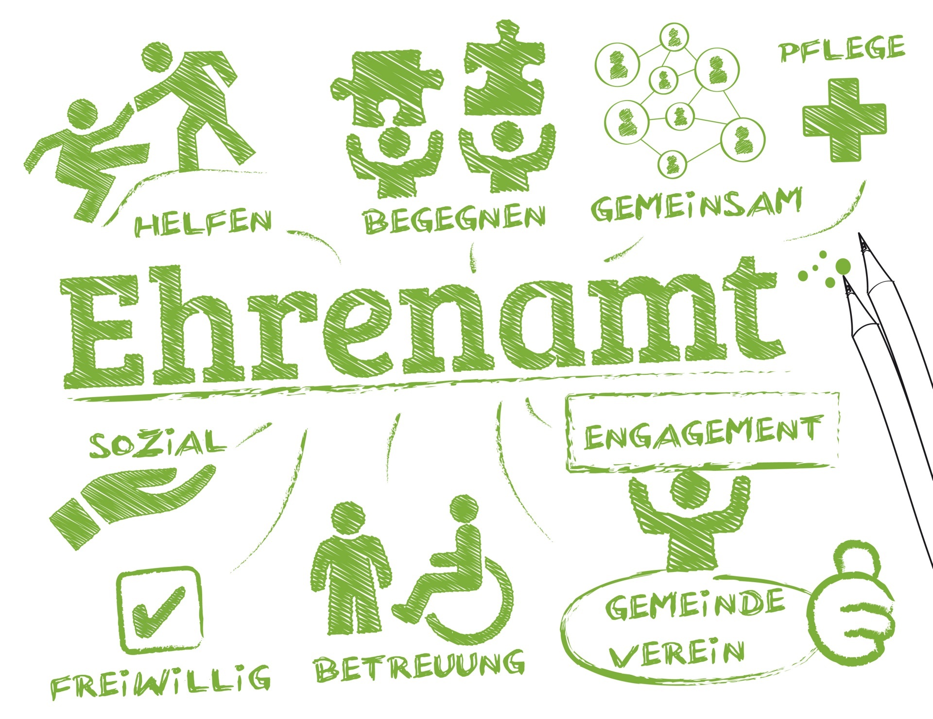 Die Grafik ist eine Collage ehrenamtlicher Tätigkeiten.