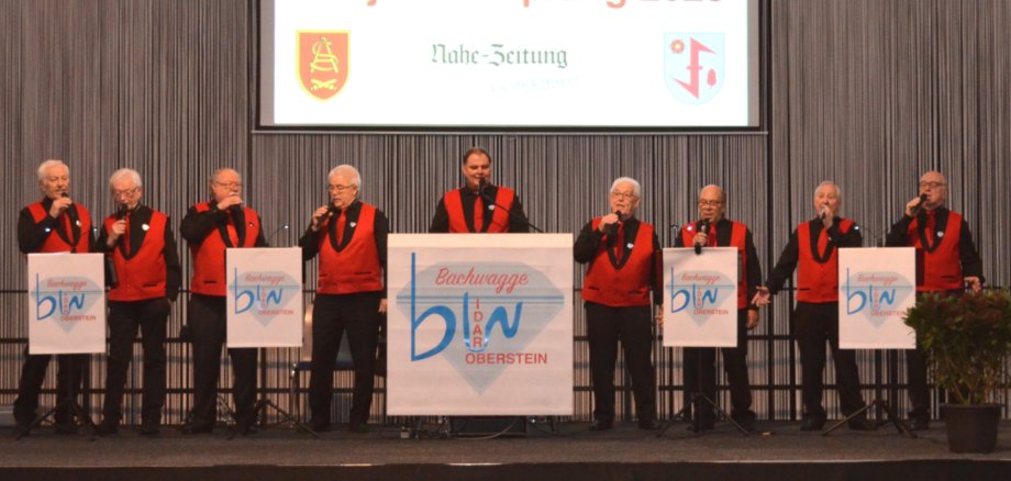 Das Foto zeigt die neun Mitglieder der Bachwagge auf der Bühne.