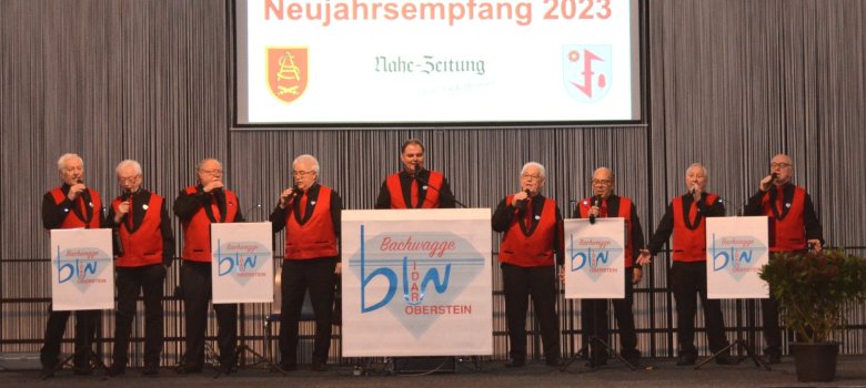 Das Foto zeigt die neun Sänger, die nebeneinander auf der Bühne stehen und singen.