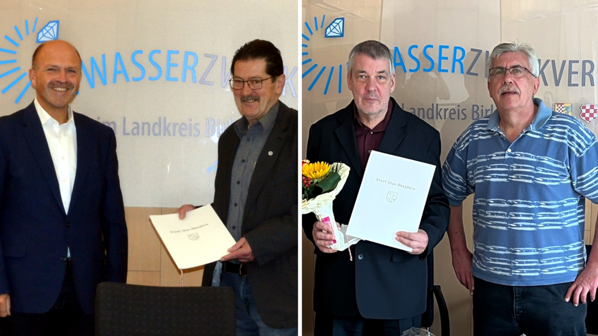 Das zweiteilige Foto zeigt links Bürgermeister Friedrich Marx und Frank Forster mit Urkunde. Rechts sind Holger Degenaar mit Blumenstrauß und Urkunde sowie VG-Bürgermeister Uwe Weber zu sehen. 