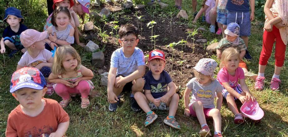 Das Foto zeigt viele Kita-Kinder, die im Garten der Kita rund um en Beet mit den eingepflanzten Sonnenblumen sitzen.