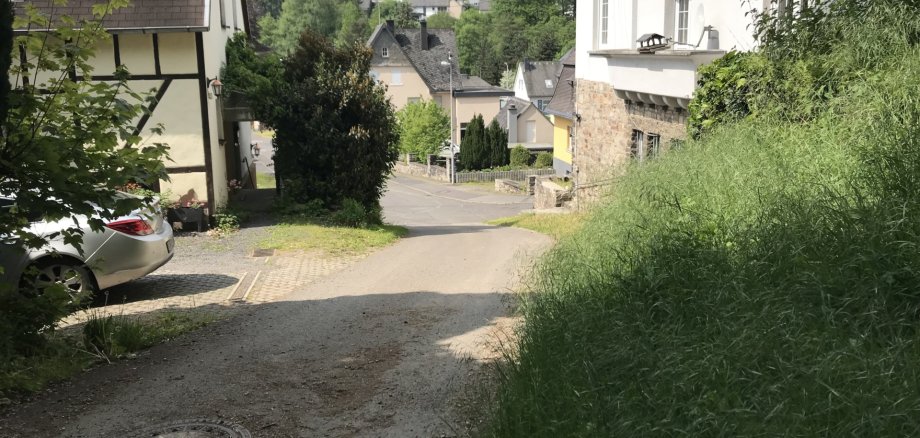 Das Foto zeigt den Blick von der Hanglage hinunter in die Straße Wölfenbach im Stadtteil Tiefenstein. Der eigentliche Bach ist wegen der Verrohrung nicht zu sehen.