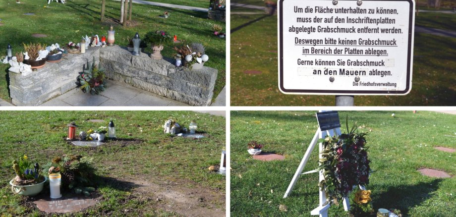 Das viergeteilte Bild zeigt oben links eine ausgewiesene Ablagefläche, oben rechts ein entsprechendes Hinweisschild und unten zwei Fotos von abgelegtem Grabschmuck auf den Ruheparkflächen.