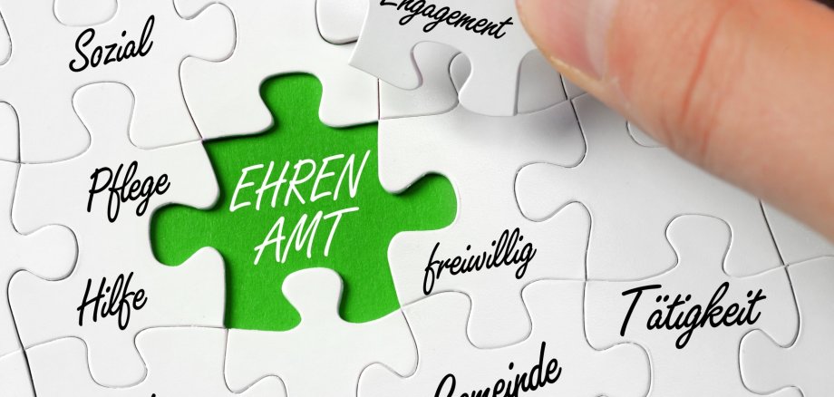 Die Grafik zeigt ein Puzzle mit einem grünen Teil mit der Aufschrift Ehrenamt und weitern Puzzleteilen mit verschiedenen Begriffen zu diesem Thema.