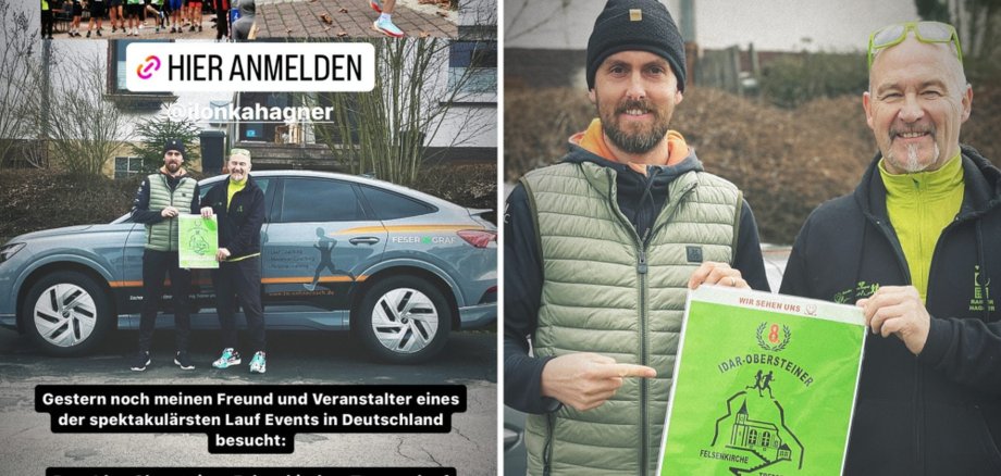 Das Foto zeigt zwei Screenshots vom Instagram-Kanal von Zacharias Wedel mit ihm und Rainer Hagner.