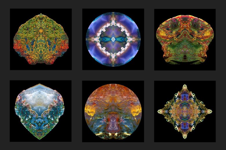 Das Bild zeigt sechs farbenfrohe Bilder, die das Innere von Edelsteinen darstellen.
