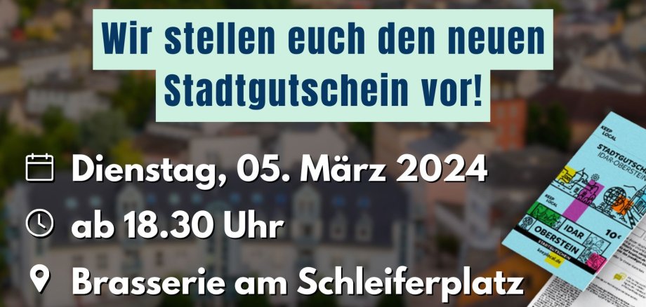 Die Darstellung informiert darüber wann und wo die Informationsveranstaltung für den neuen Gutschein stattfindet. 