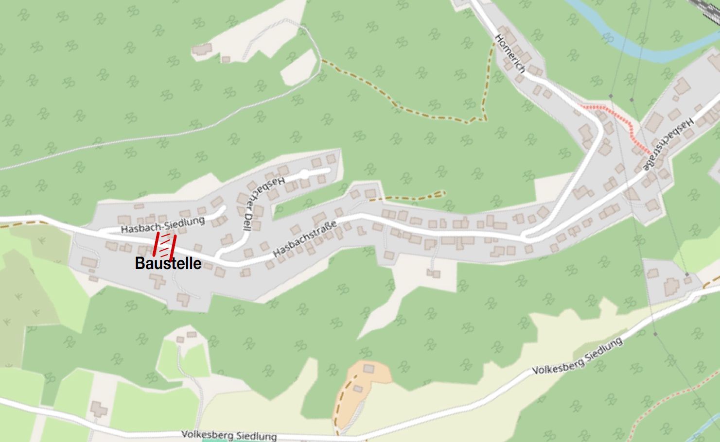 Das Bild zeigt im Detail, dass sic h die Baustelle  im oberen Teil der Hasbachstraße befindet. 
