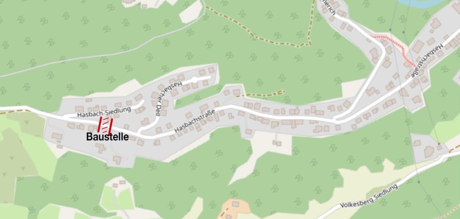 Das Bild zeigt im Detail, dass sic h die Baustelle  im oberen Teil der Hasbachstraße befindet. 