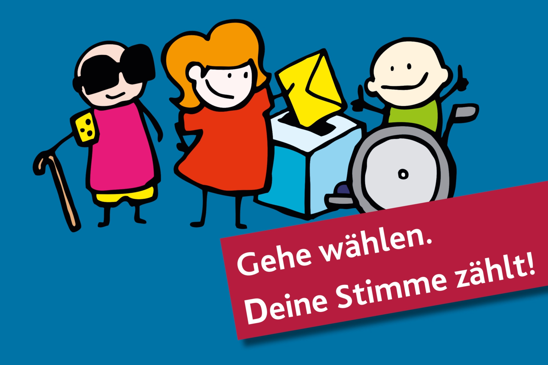 Die Grafik zeigt gezeichnete Figuren behinderter Menschen an einer Wahlurne.