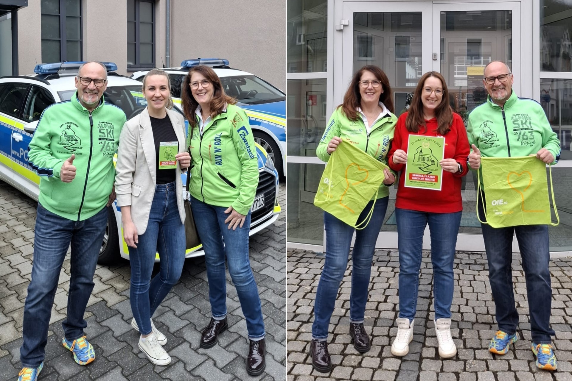 Das Foto zeigt die genannten Personen. Sie stehen nebeneinander und halten einen Flyer der Veranstaltung bzw. die Taschen der OIE in den Händen.
